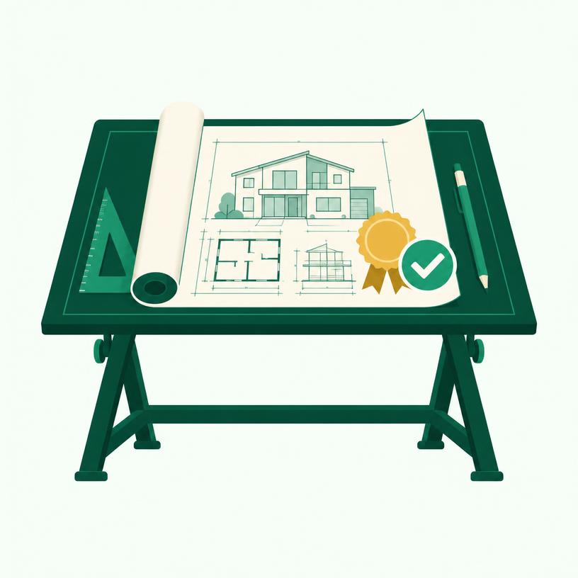 Ilustração de projeto arquitetônico aprovado com selo de verificação