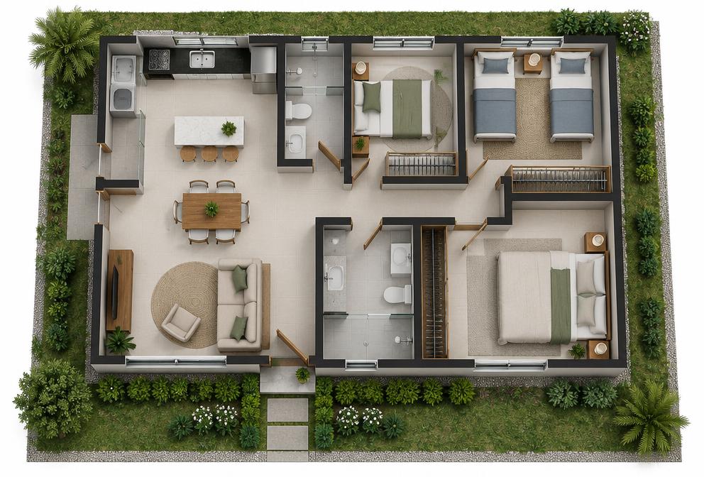 Planta humanizada ilustrativa de uma casa com ambientes mobiliados