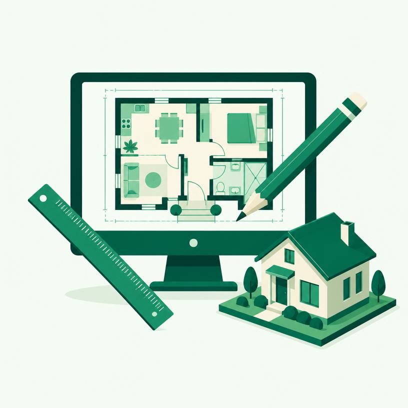 Ilustração de computador com desenho de uma casa personalizada