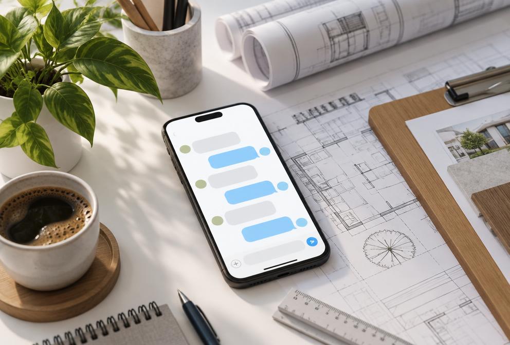 Celular com conversa de atendimento sobre a mesa de um escritório de arquitetura