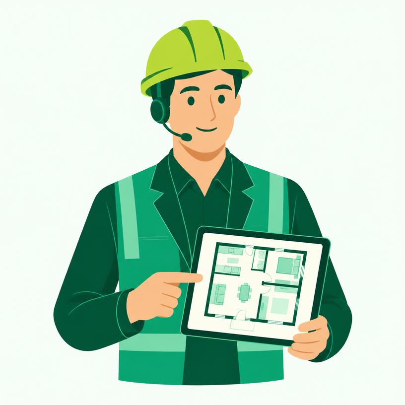Ilustração de engenheiro ou arquiteto com capacete e prancheta de atendimento
